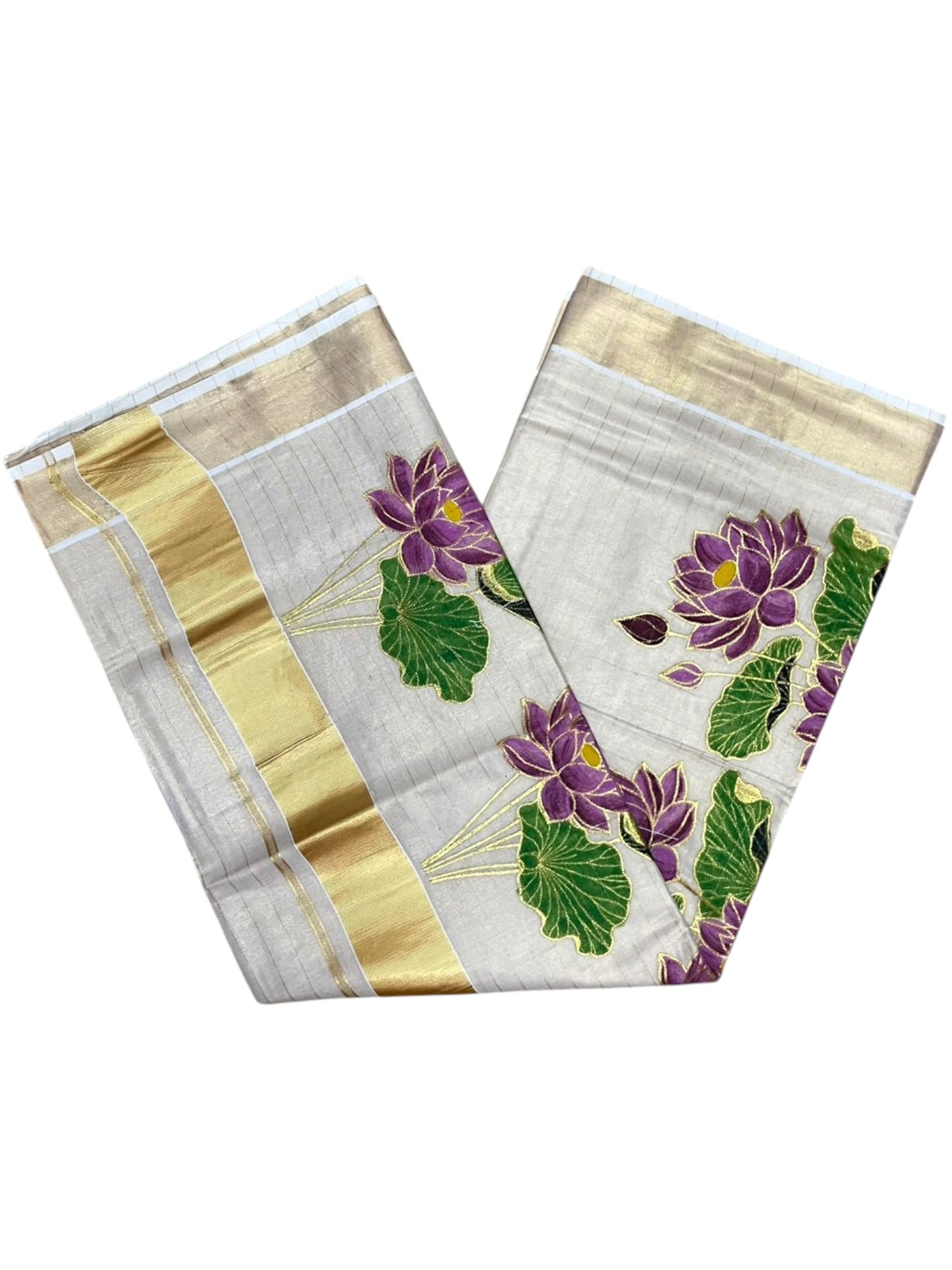 Southloom Tissue Kerala Kasavu Saree with Hand Painted Embroidery Lotus Design SL289