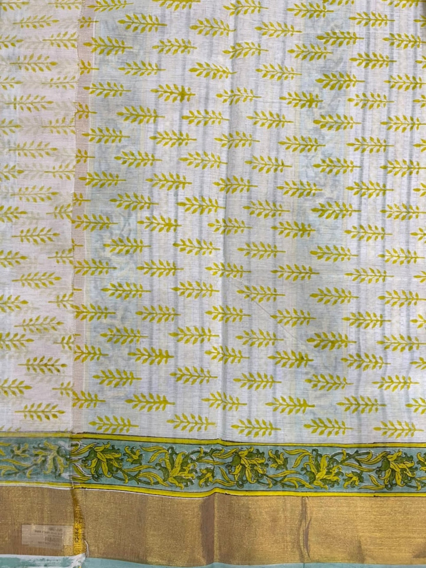 Southloom Cotton Kerala Kasavu Saree with Jaipur Block Printed on Body And Borders in Green SL561