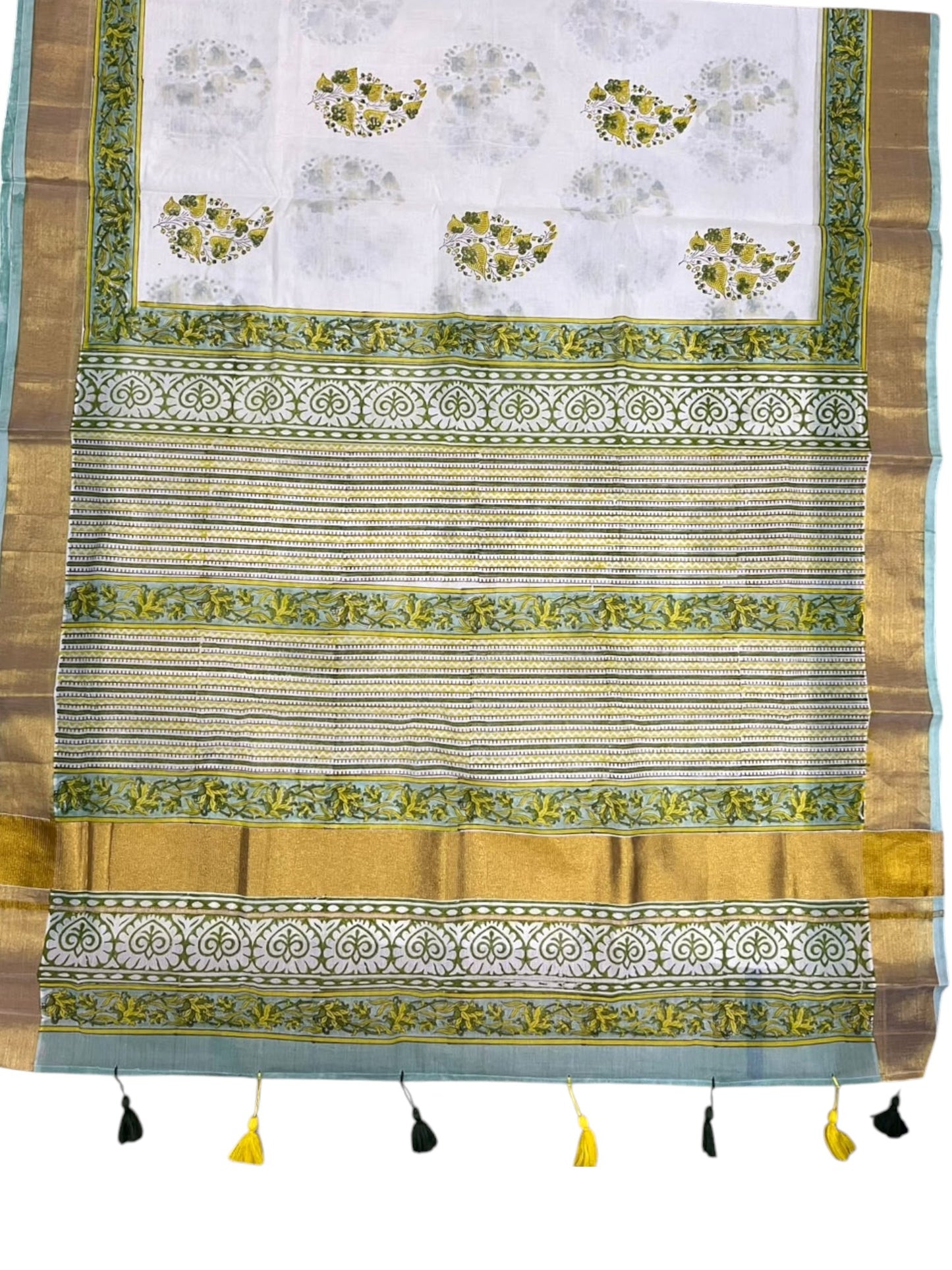 Southloom Cotton Kerala Kasavu Saree with Jaipur Block Printed on Body And Borders in Green SL561