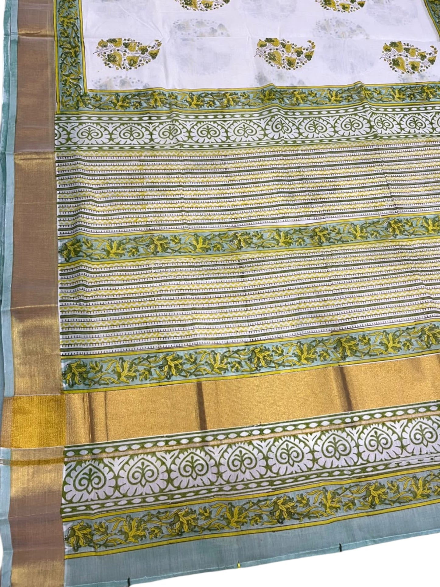 Southloom Cotton Kerala Kasavu Saree with Jaipur Block Printed on Body And Borders in Green SL561