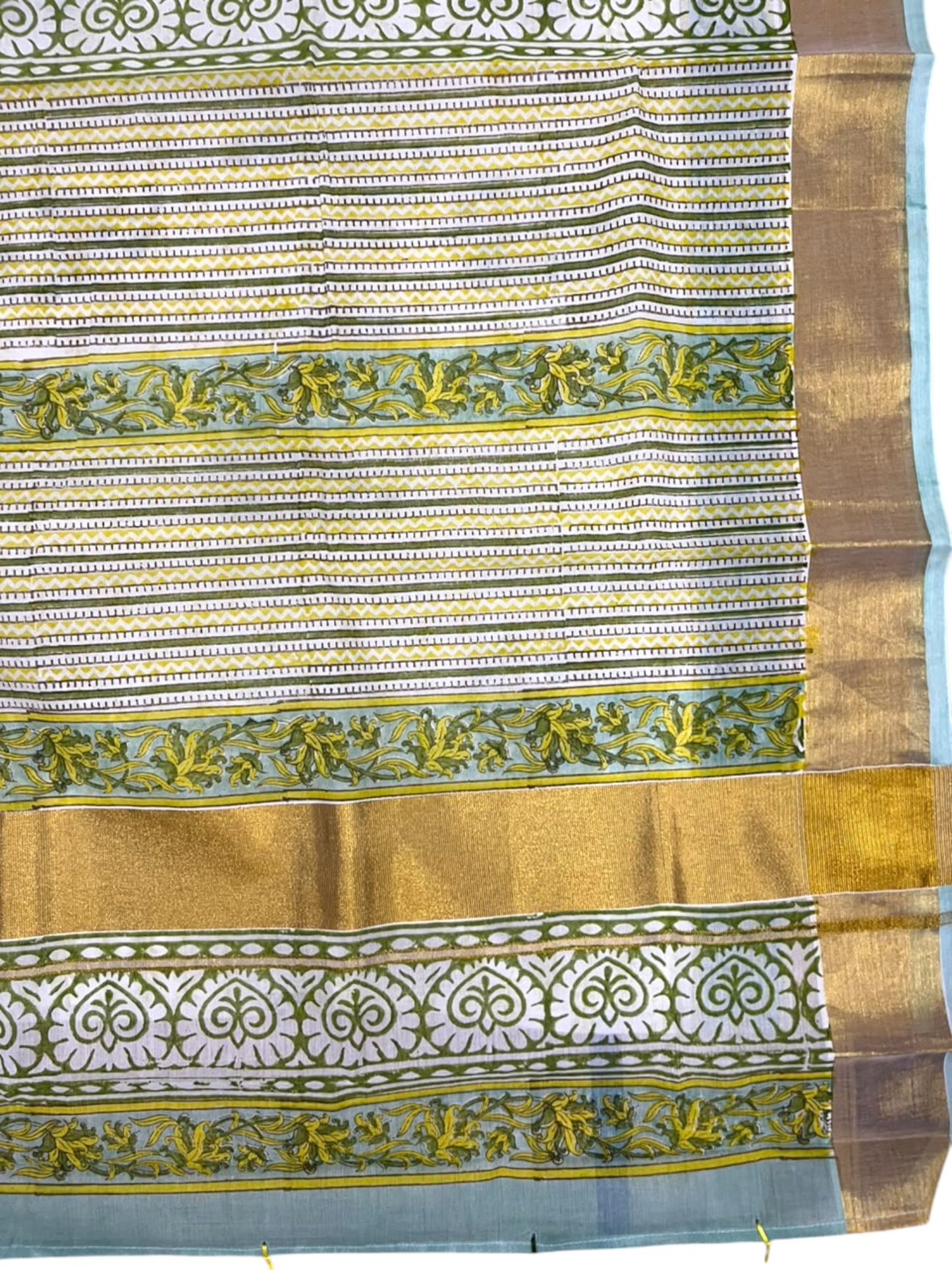 Southloom Cotton Kerala Kasavu Saree with Jaipur Block Printed on Body And Borders in Green SL561