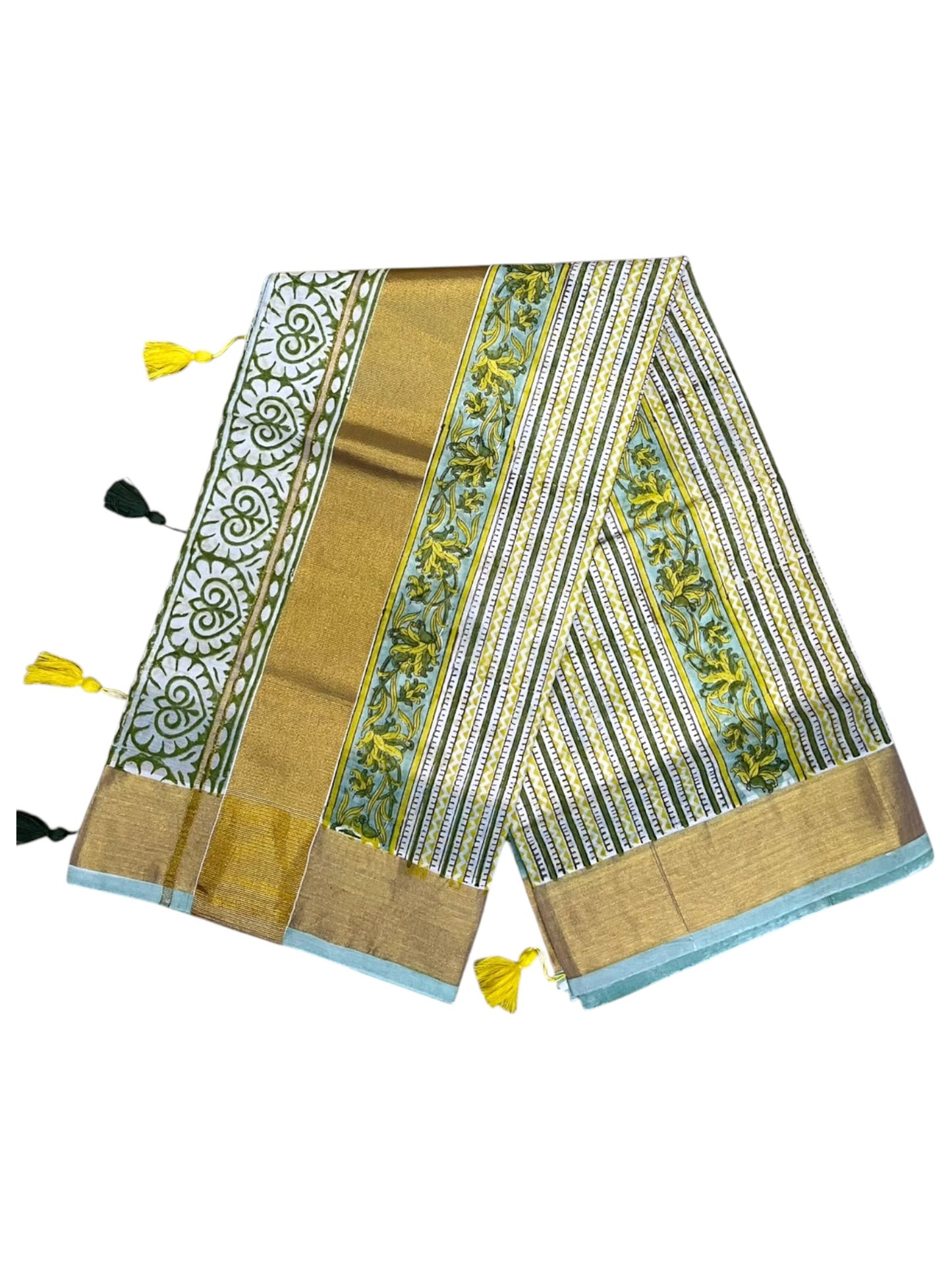 Southloom Cotton Kerala Kasavu Saree with Jaipur Block Printed on Body And Borders in Green SL561