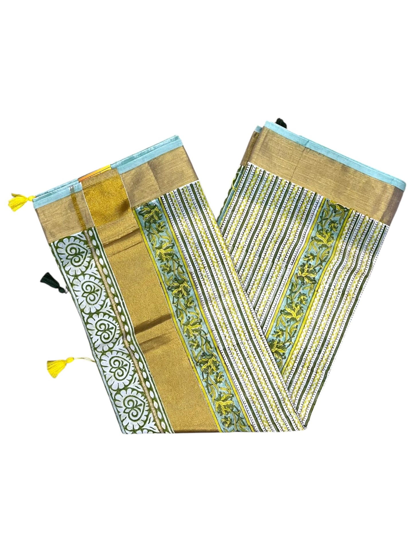 Southloom Cotton Kerala Kasavu Saree with Jaipur Block Printed on Body And Borders in Green SL561