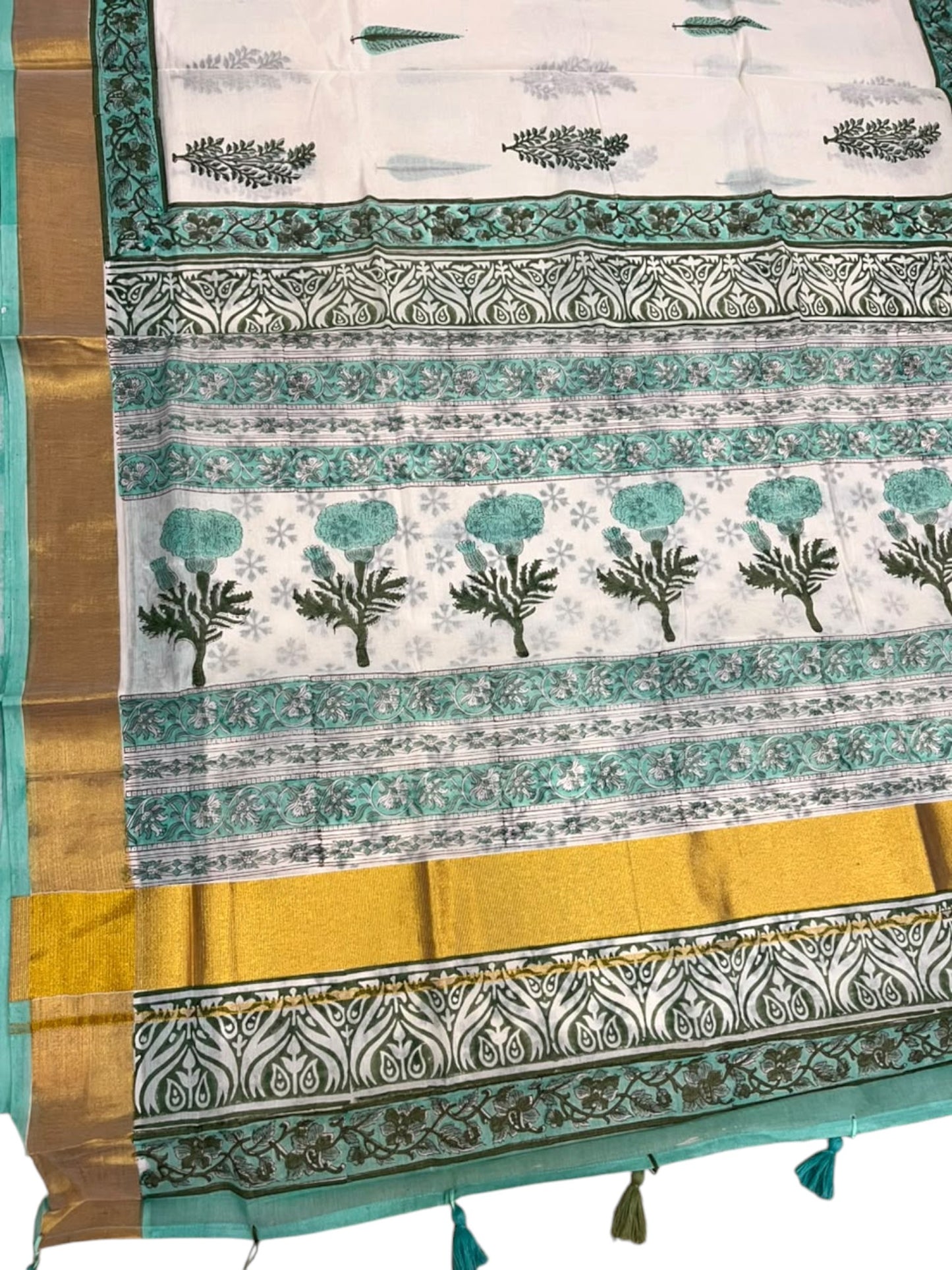 Southloom Cotton Kerala Kasavu Saree with Jaipur Block Printed on Body And Borders in Turquoise SL561