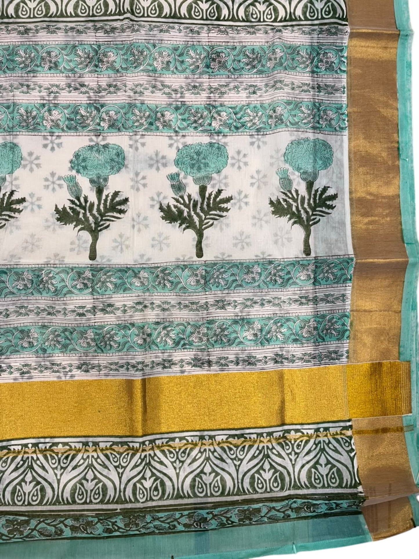 Southloom Cotton Kerala Kasavu Saree with Jaipur Block Printed on Body And Borders in Turquoise SL561