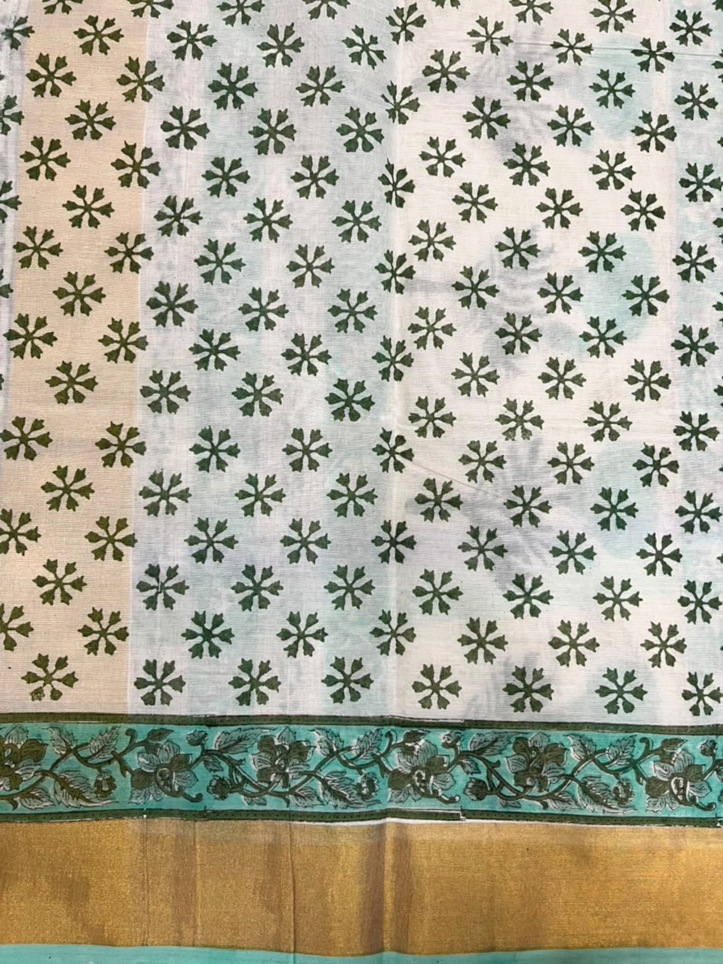Southloom Cotton Kerala Kasavu Saree with Jaipur Block Printed on Body And Borders in Turquoise SL561
