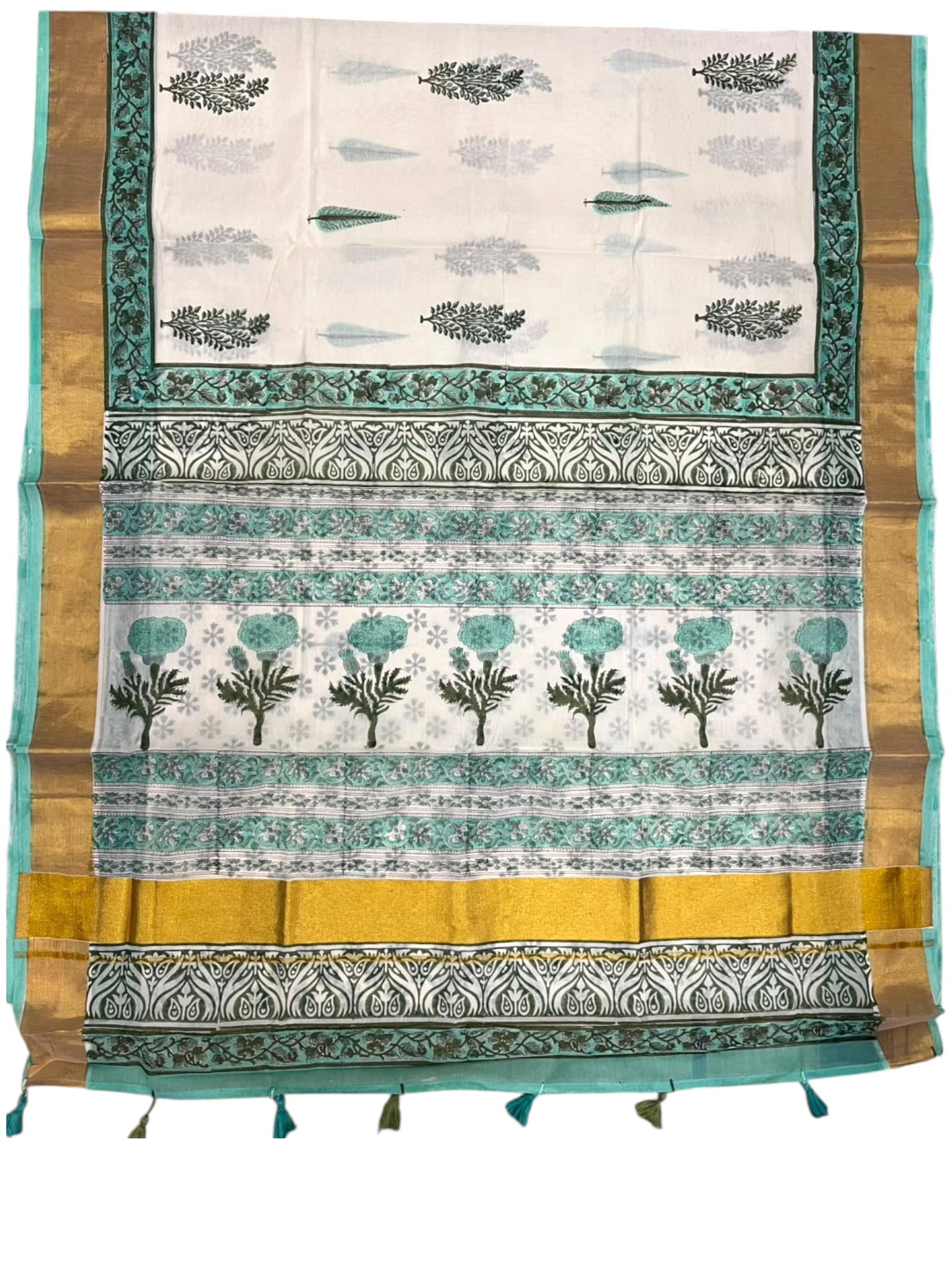 Southloom Cotton Kerala Kasavu Saree with Jaipur Block Printed on Body And Borders in Turquoise SL561