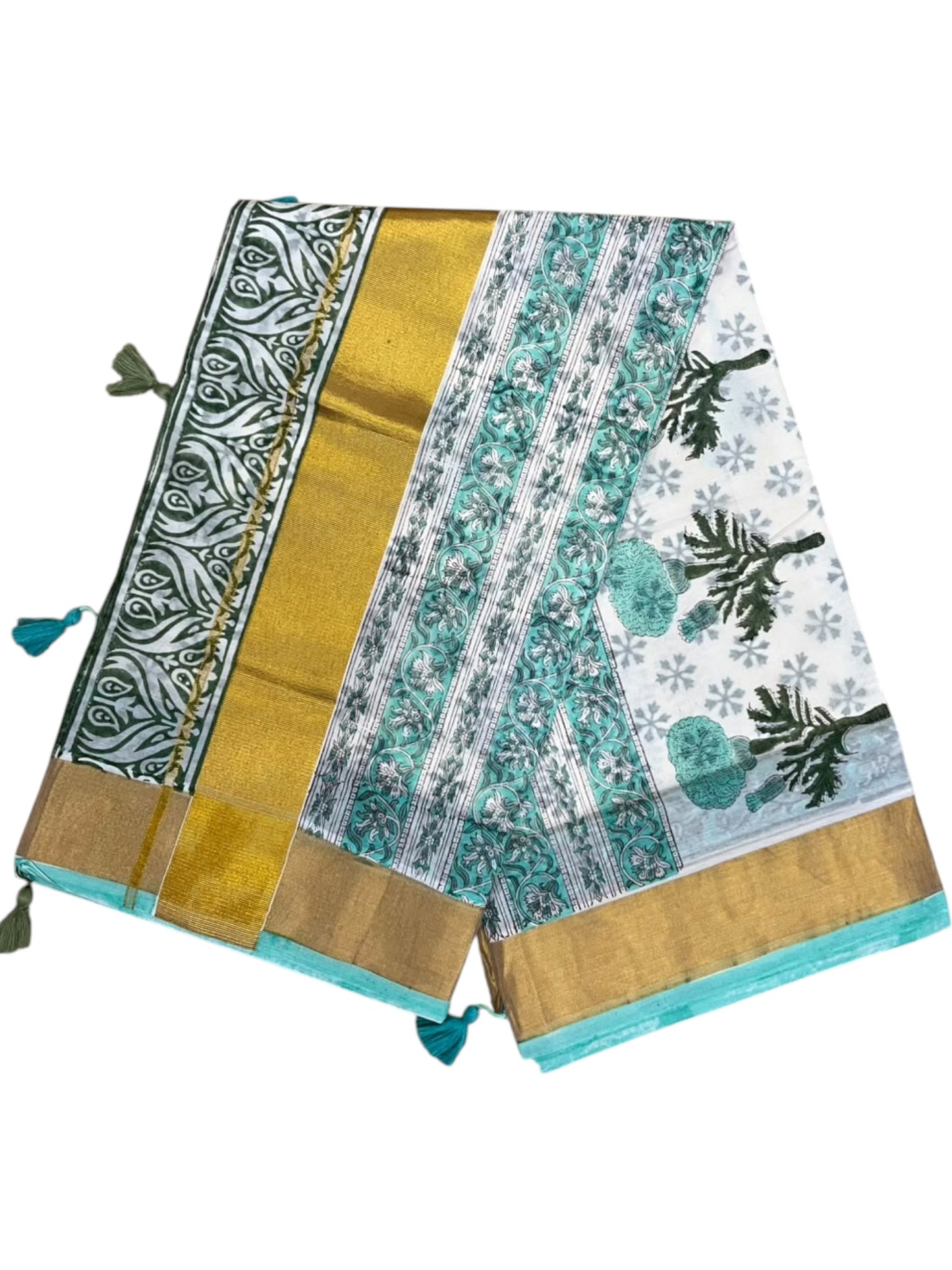 Southloom Cotton Kerala Kasavu Saree with Jaipur Block Printed on Body And Borders in Turquoise SL561