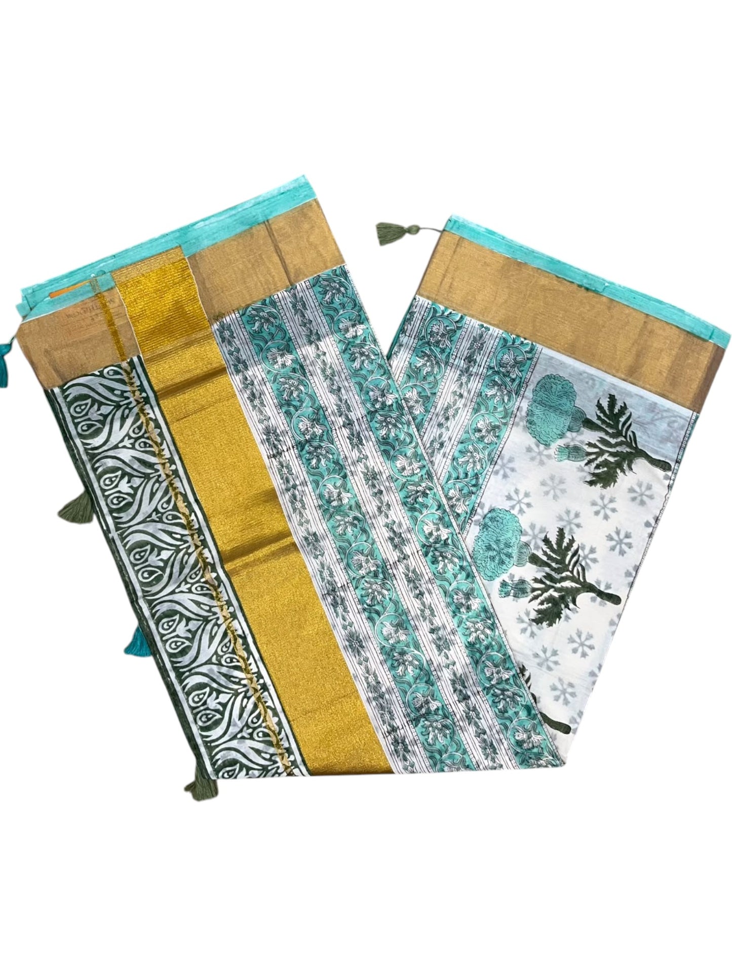 Southloom Cotton Kerala Kasavu Saree with Jaipur Block Printed on Body And Borders in Turquoise SL561