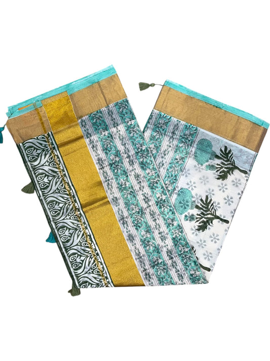 Southloom Cotton Kerala Kasavu Saree with Jaipur Block Printed on Body And Borders in Turquoise SL561