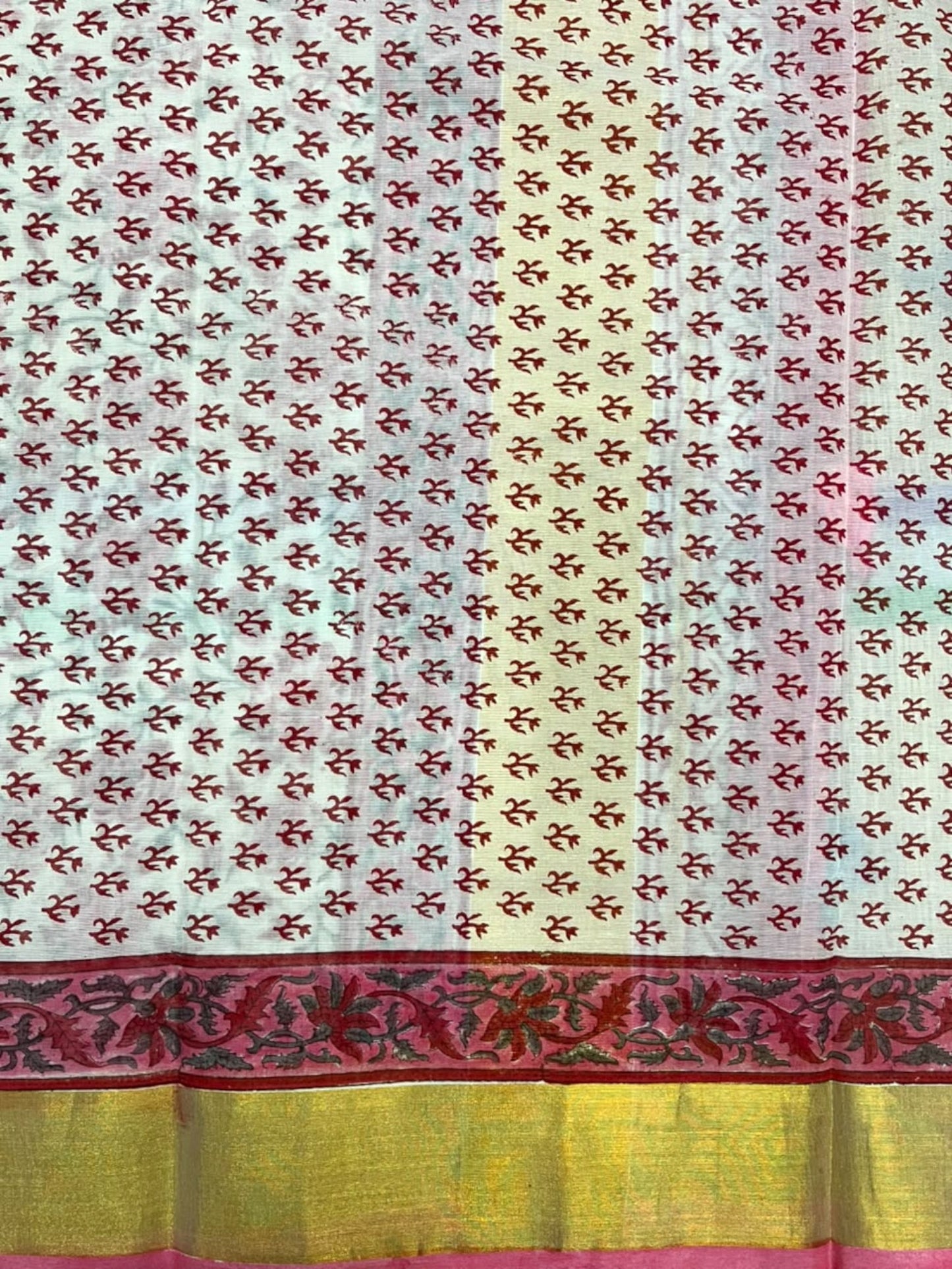 Southloom Cotton Kerala Kasavu Saree with Jaipur Block Printed on Body And Borders in Red SL561