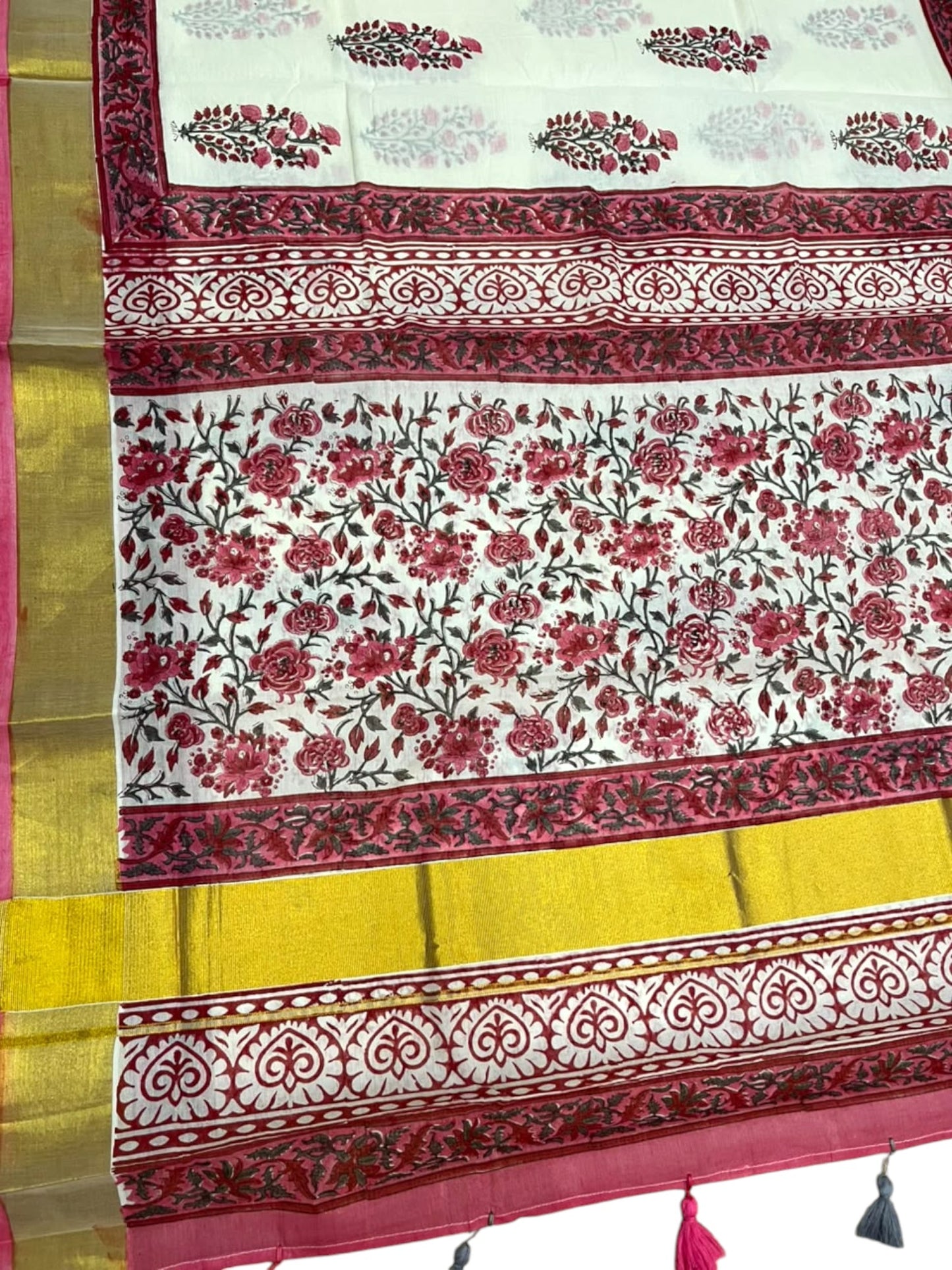 Southloom Cotton Kerala Kasavu Saree with Jaipur Block Printed on Body And Borders in Red SL561