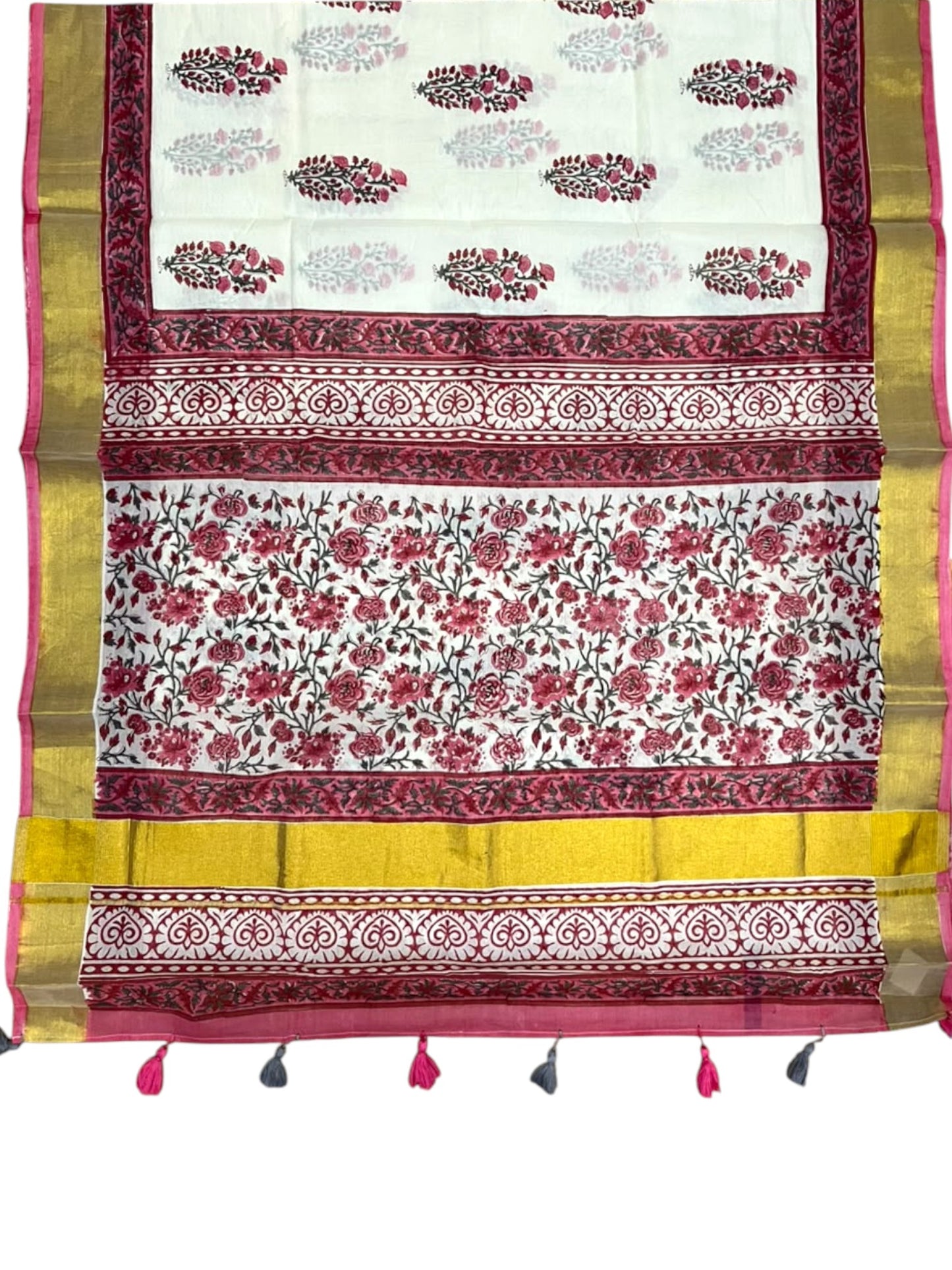 Southloom Cotton Kerala Kasavu Saree with Jaipur Block Printed on Body And Borders in Red SL561