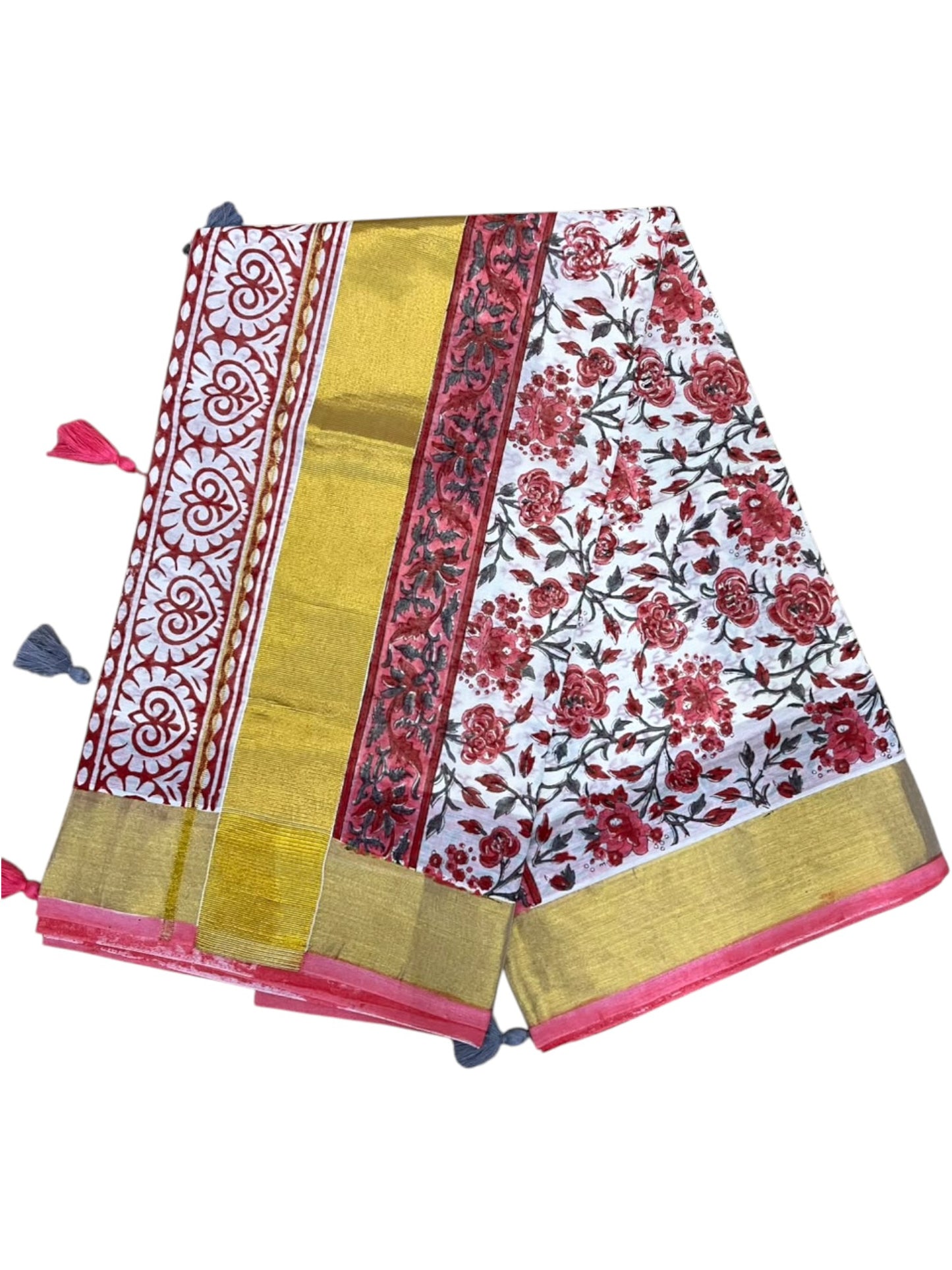Southloom Cotton Kerala Kasavu Saree with Jaipur Block Printed on Body And Borders in Red SL561