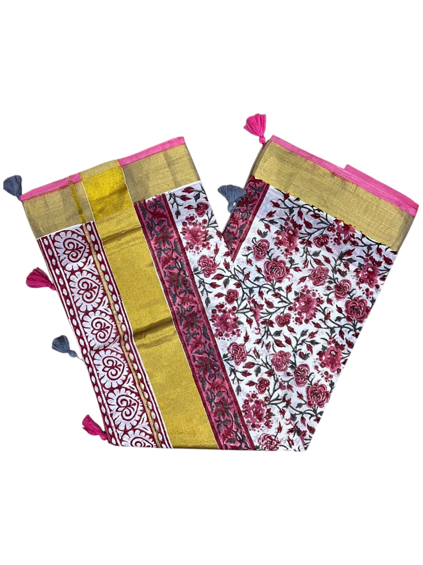 Southloom Cotton Kerala Kasavu Saree with Jaipur Block Printed on Body And Borders in Red SL561