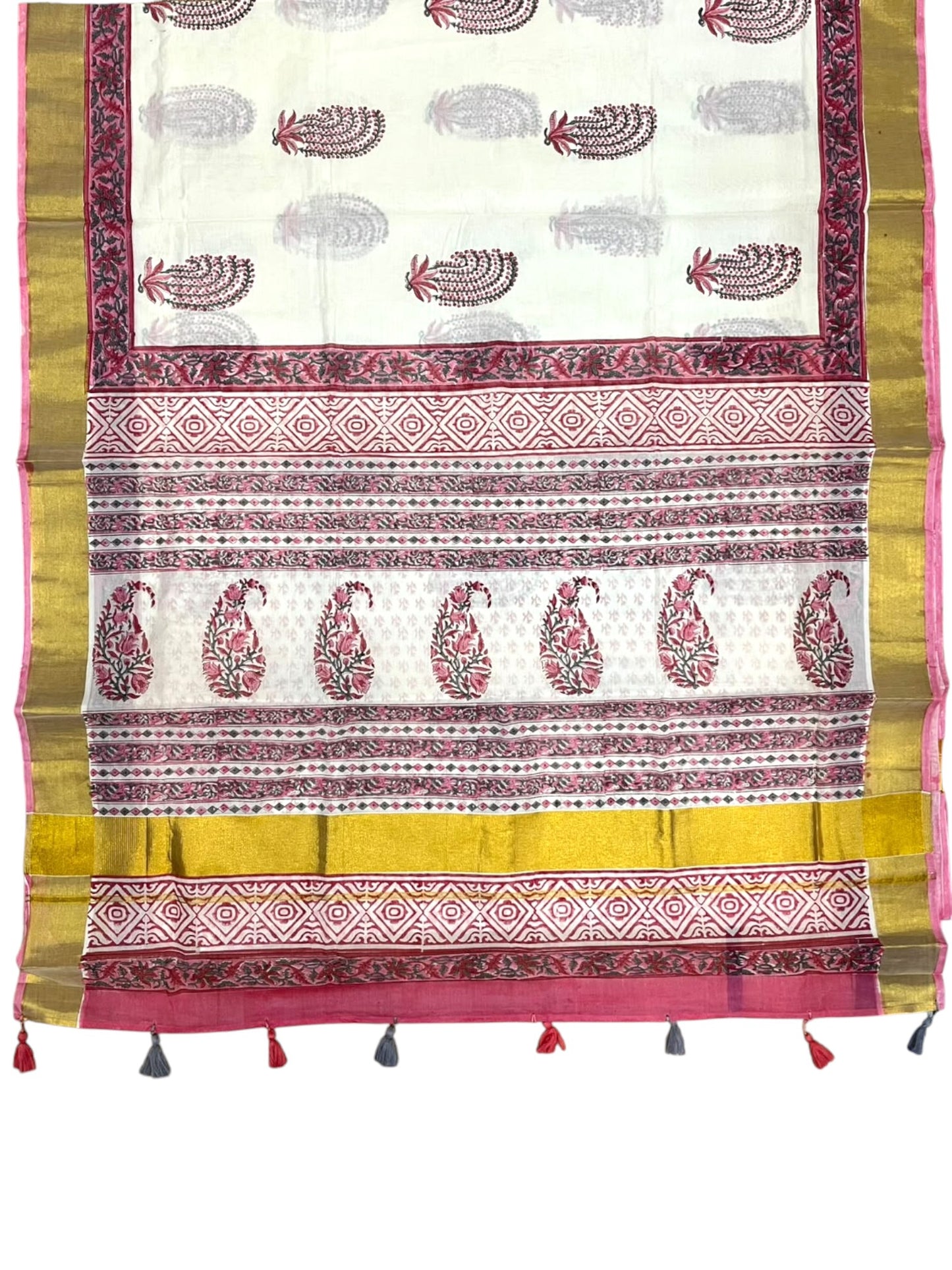 Southloom Cotton Kerala Kasavu Saree with Jaipur Block Printed on Body And Borders in Red SL561
