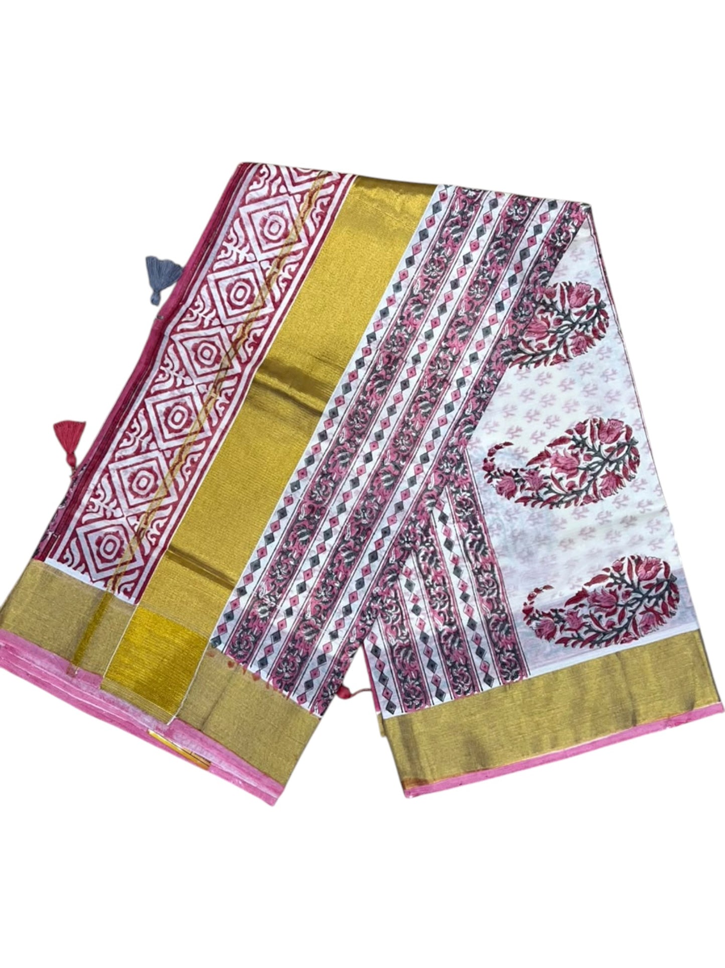Southloom Cotton Kerala Kasavu Saree with Jaipur Block Printed on Body And Borders in Red SL561