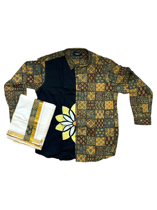 Southloom Cotton Ajrakh Printed Yellow Men's Combo (Shirt + Mundu) SLCOMBO SL579