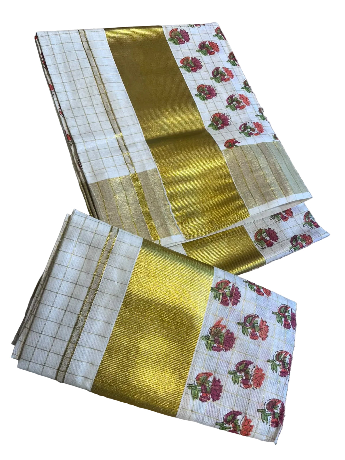 Southloom Kerala Check Pure Cotton Set Mundu with Gold Kasavu And Block Prints Across Body SL563