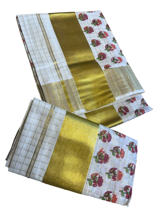Southloom Kerala Check Pure Cotton Set Mundu with Gold Kasavu And Block Prints Across Body SL563