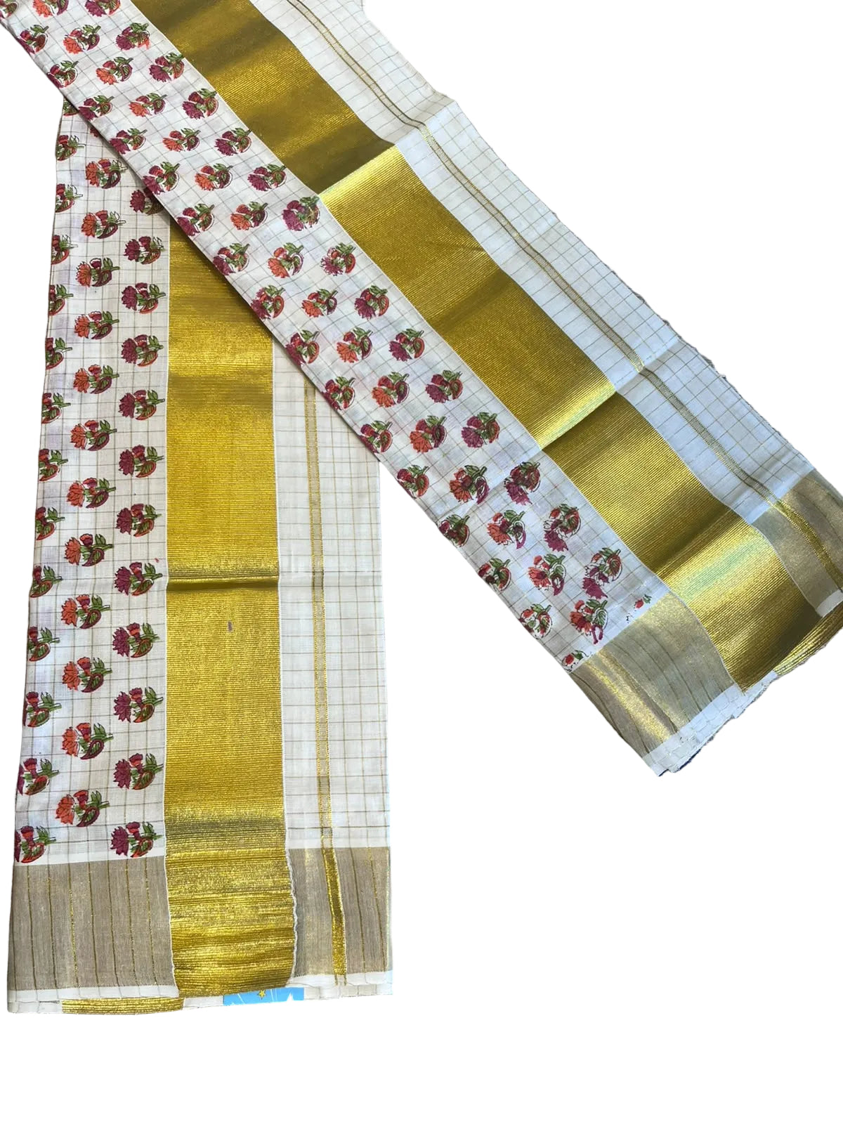 Southloom Kerala Check Pure Cotton Set Mundu with Gold Kasavu And Block Prints Across Body SL563