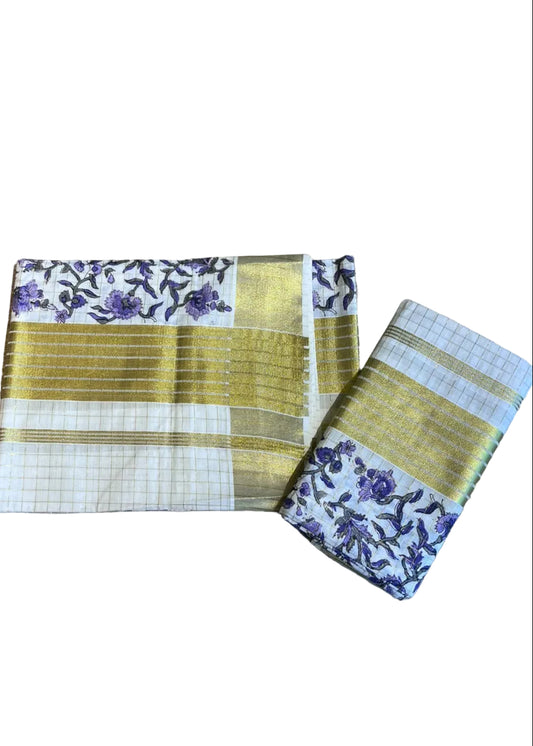 Southloom Kerala Check Pure Cotton Set Mundu with Gold Kasavu And Block Prints Across Body SL563