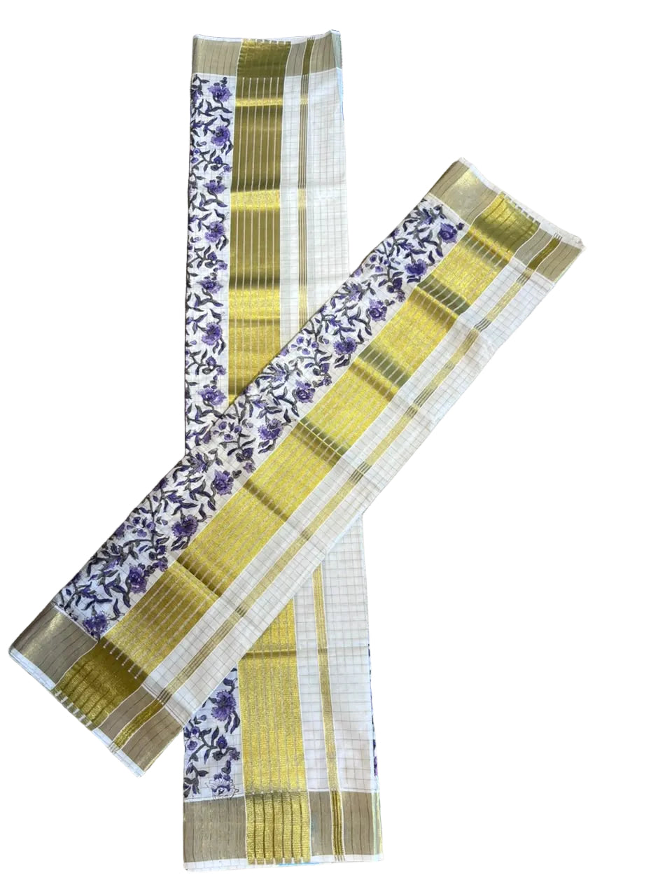 Southloom Kerala Check Pure Cotton Set Mundu with Gold Kasavu And Block Prints Across Body SL563