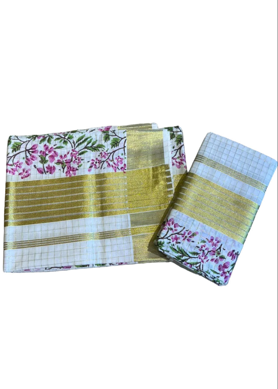 Southloom Kerala Check Pure Cotton Set Mundu with Gold Kasavu And Block Prints Across Body SL563