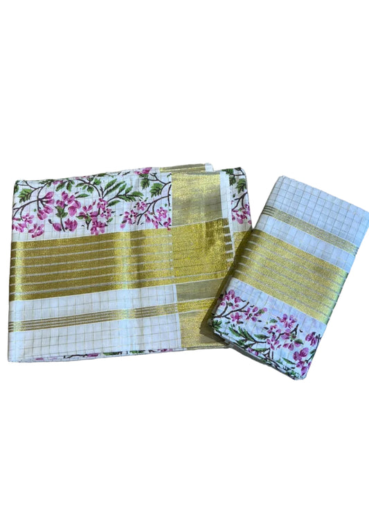 Southloom Kerala Check Pure Cotton Set Mundu with Gold Kasavu And Block Prints Across Body SL563
