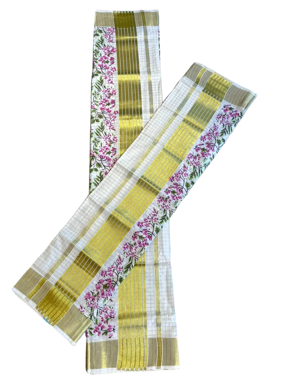 Southloom Kerala Check Pure Cotton Set Mundu with Gold Kasavu And Block Prints Across Body SL563