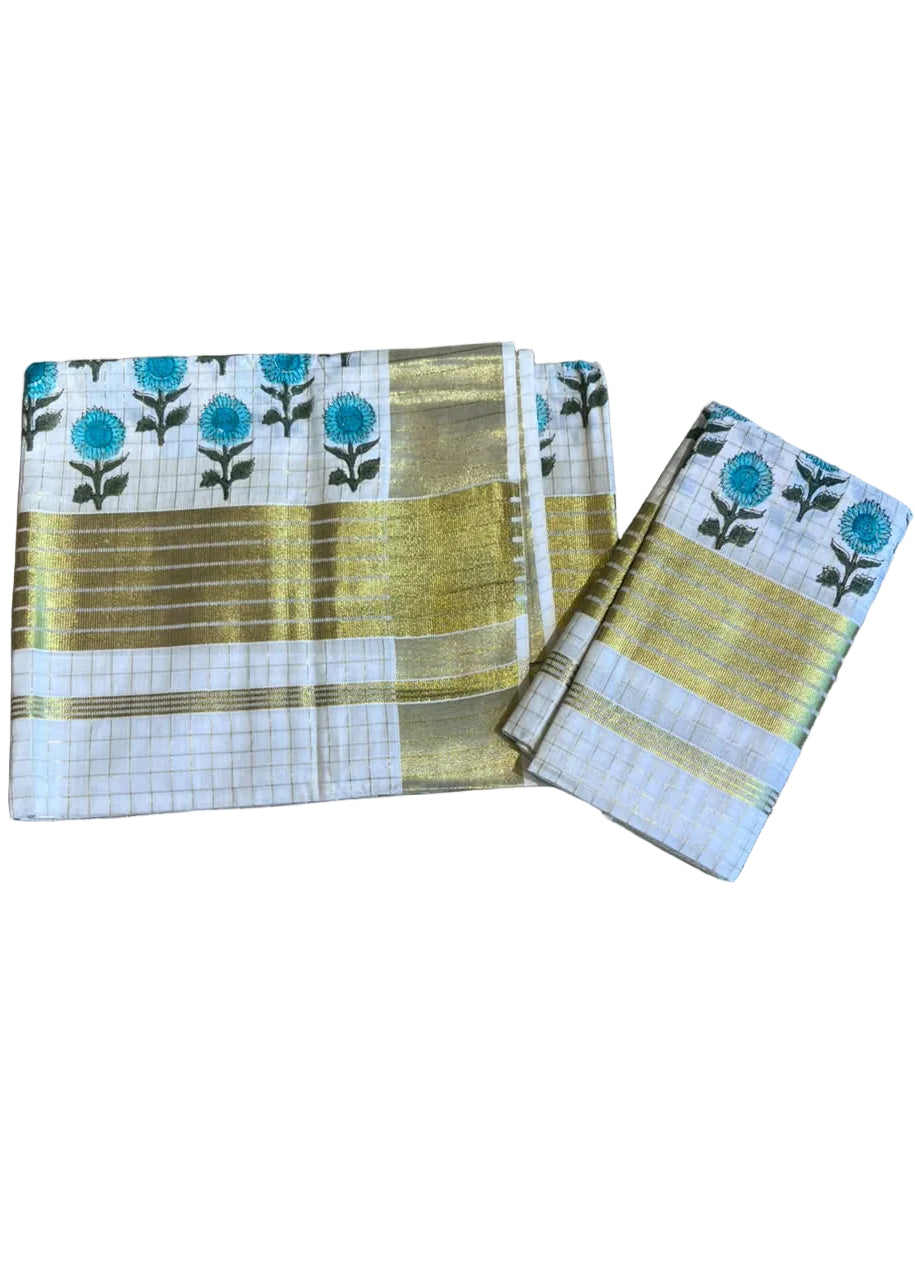Southloom Kerala Check Pure Cotton Set Mundu with Gold Kasavu And Block Prints Across Body SL563