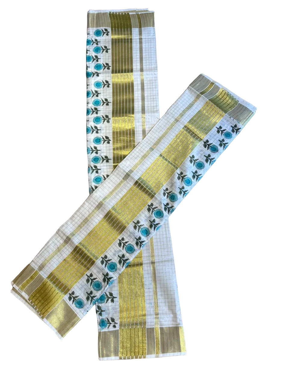 Southloom Kerala Check Pure Cotton Set Mundu with Gold Kasavu And Block Prints Across Body SL563
