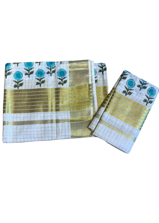Southloom Kerala Check Pure Cotton Set Mundu with Gold Kasavu And Block Prints Across Body SL563