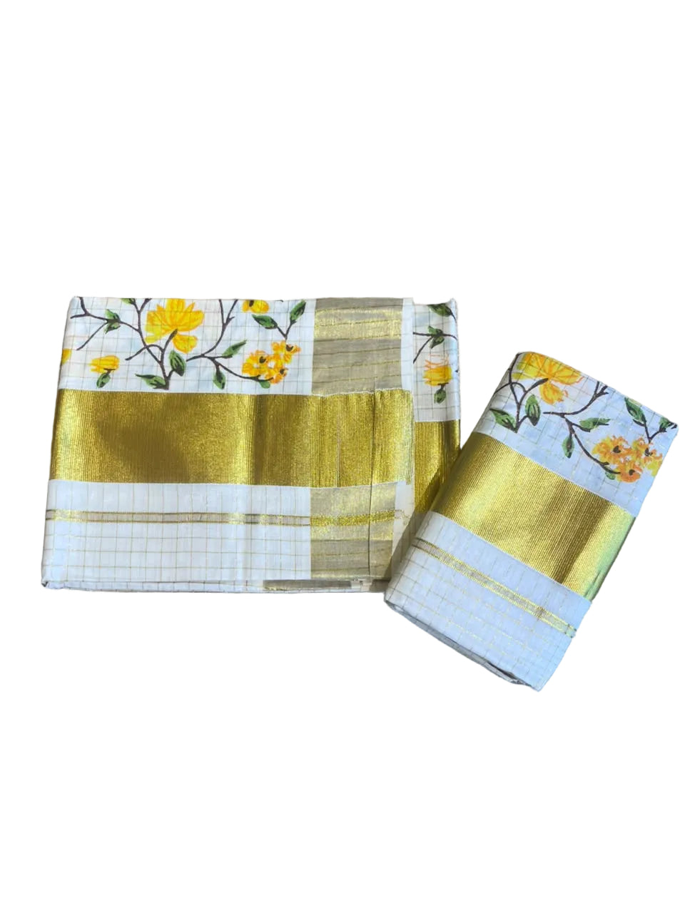 Southloom Kerala Check Pure Cotton Set Mundu with Gold Kasavu And Block Prints Across Body SL563