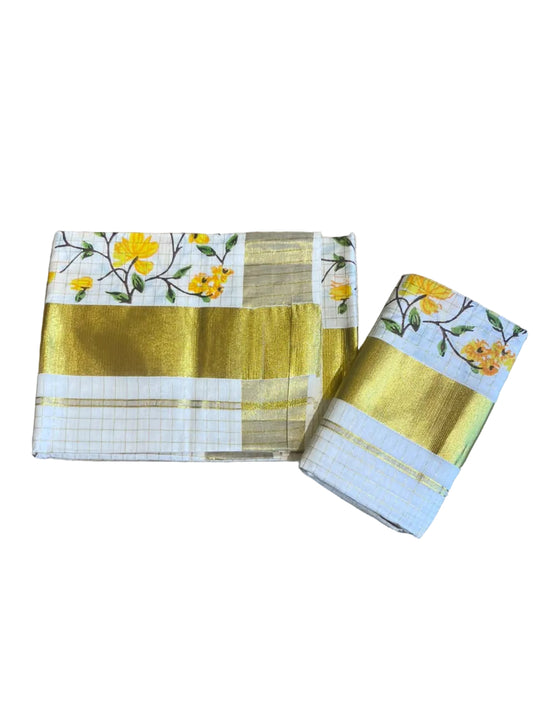 Southloom Kerala Check Pure Cotton Set Mundu with Gold Kasavu And Block Prints Across Body SL563
