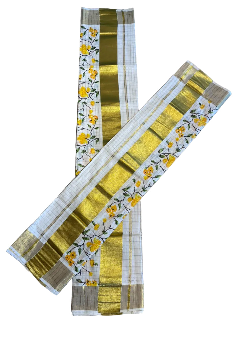 Southloom Kerala Check Pure Cotton Set Mundu with Gold Kasavu And Block Prints Across Body SL563