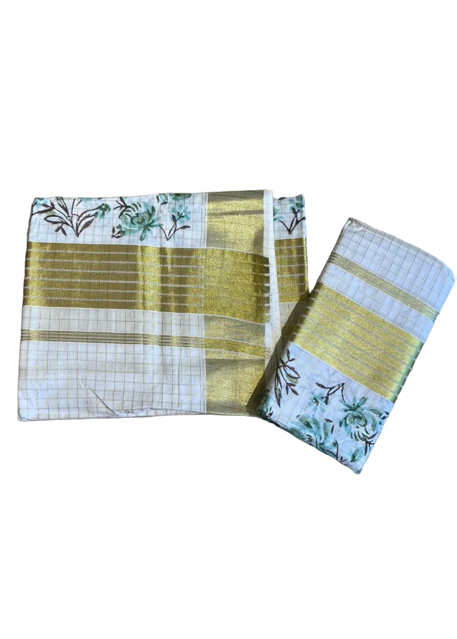 Southloom Kerala Check Pure Cotton Set Mundu with Gold Kasavu And Block Prints Across Body SL563
