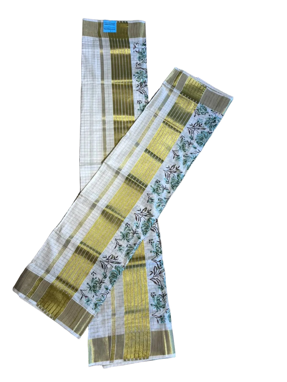Southloom Kerala Check Pure Cotton Set Mundu with Gold Kasavu And Block Prints Across Body SL563
