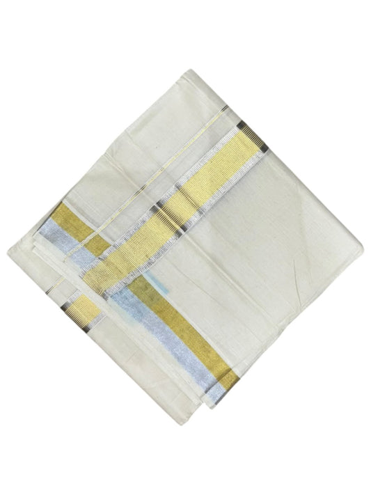 Southloom Kerala Pure Cotton Double Mundu with Gold and Silver Kasavu Border (South Indian Dhoti)