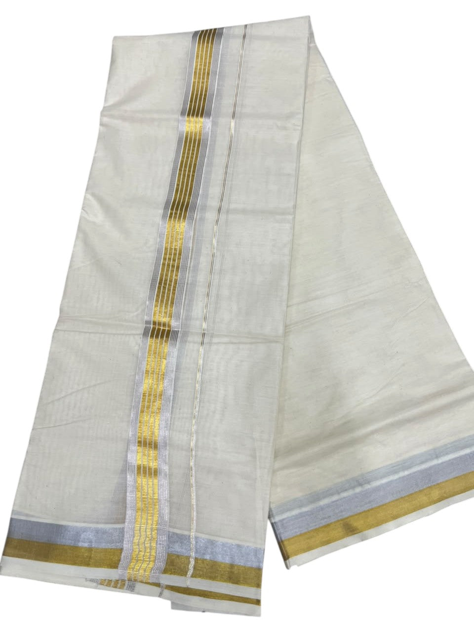 Southloom Kerala Pure Cotton Double Mundu with Gold and Silver Kasavu Border (South Indian Dhoti)