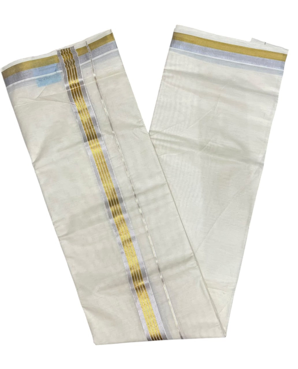 Southloom Kerala Pure Cotton Double Mundu with Gold and Silver Kasavu Border (South Indian Dhoti)