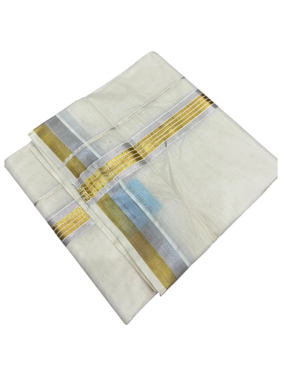 Southloom Kerala Pure Cotton Double Mundu with Gold and Silver Kasavu Border (South Indian Dhoti)