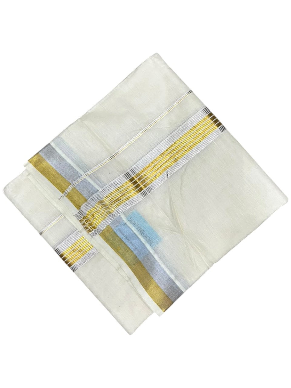 Southloom Kerala Pure Cotton Double Mundu with Gold and Silver Kasavu Border (South Indian Dhoti)