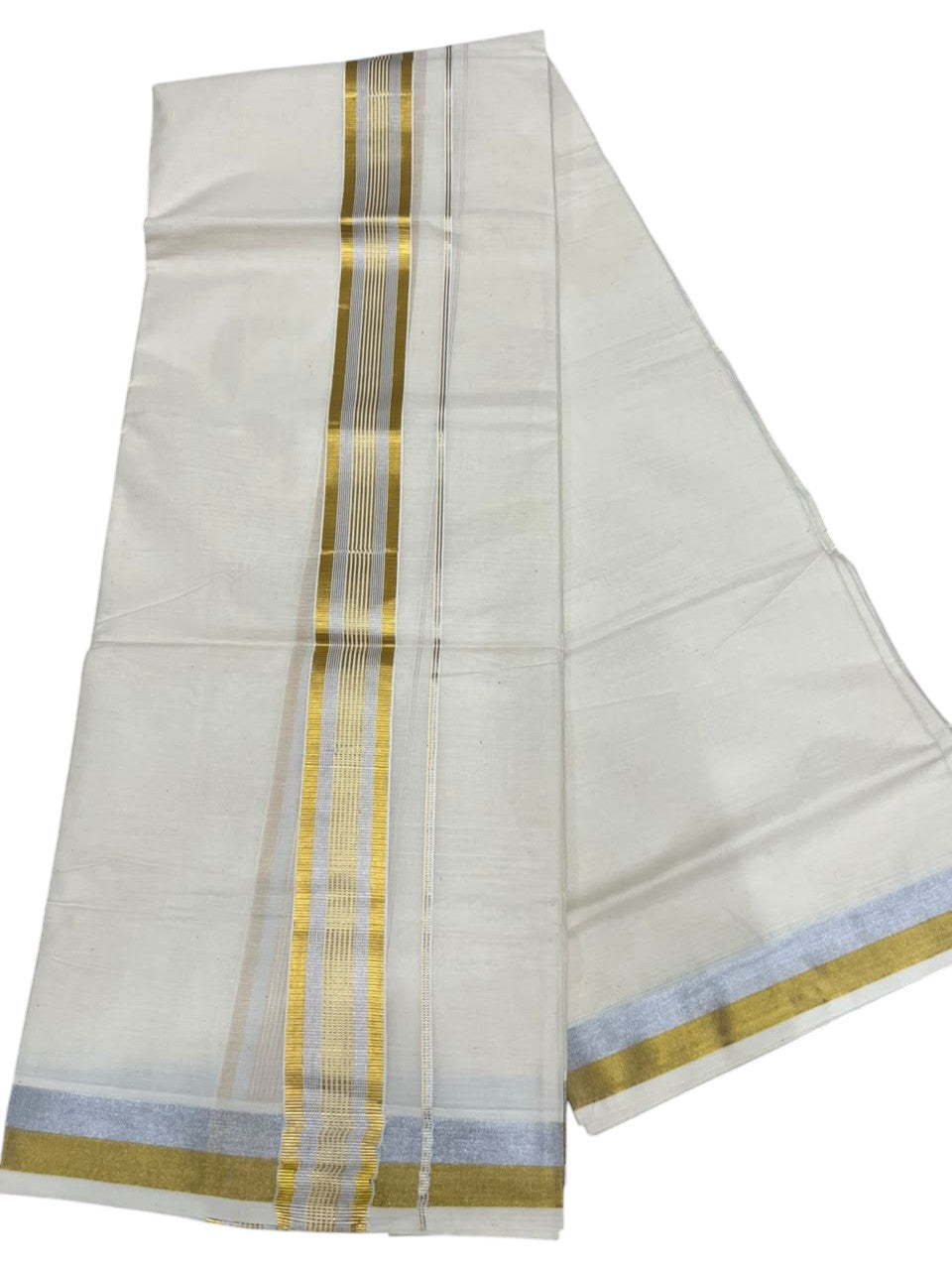 Southloom Kerala Pure Cotton Double Mundu with Gold and Silver Kasavu Border (South Indian Dhoti)