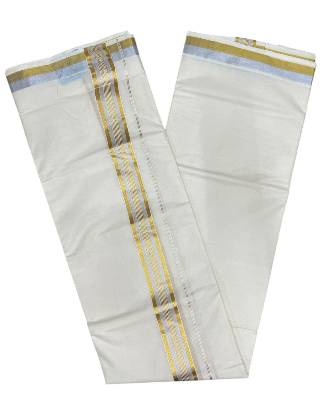 Southloom Kerala Pure Cotton Double Mundu with Gold and Silver Kasavu Border (South Indian Dhoti)