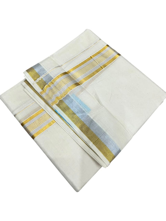 Southloom Kerala Pure Cotton Double Mundu with Gold and Silver Kasavu Border (South Indian Dhoti)