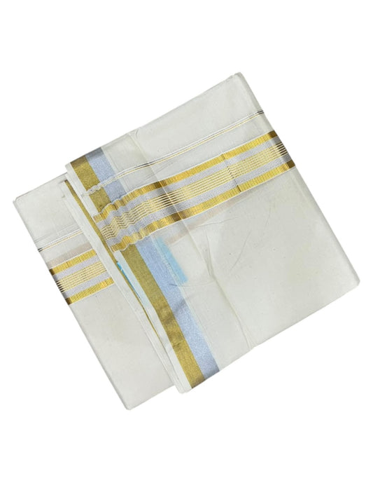 Southloom Kerala Pure Cotton Double Mundu with Gold and Silver Kasavu Border (South Indian Dhoti)