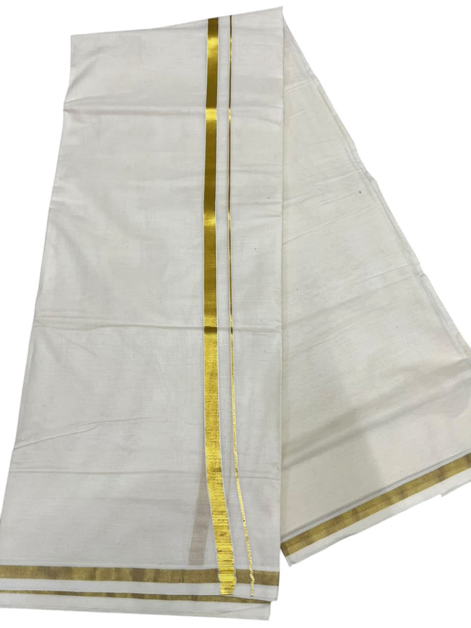 Southloom Kerala Pure Cotton Double Mundu with Gold  Kasavu Border (South Indian Dhoti)