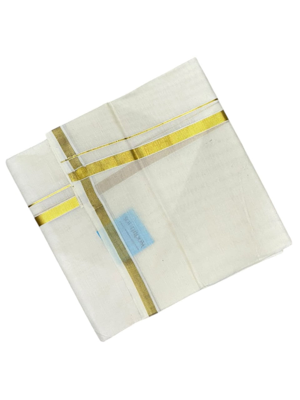 Southloom Kerala Pure Cotton Double Mundu with Gold  Kasavu Border (South Indian Dhoti)