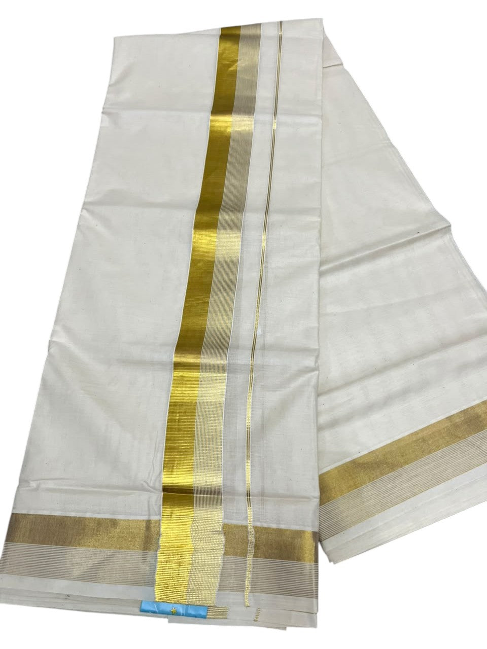 Southloom Kerala Pure Cotton Double Mundu with Gold  Kasavu Border (South Indian Dhoti)